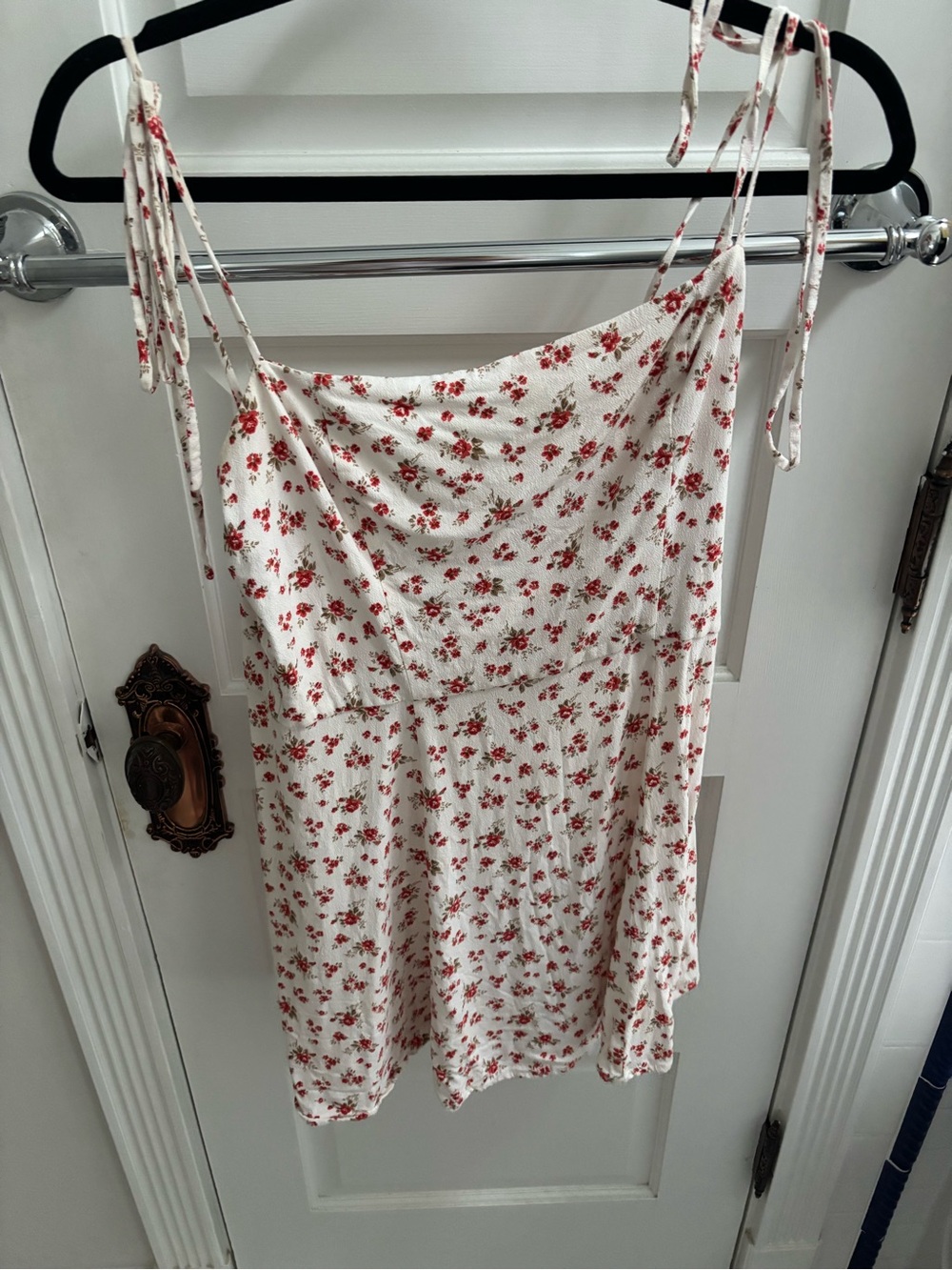 Reformation White Mini Dress with Red Floral Tie-Straps